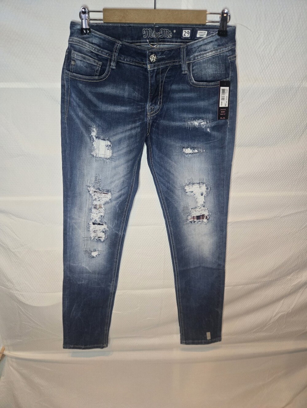 Miss Me Dark Blue Distressed Skinny Jeans With Plaid Patching